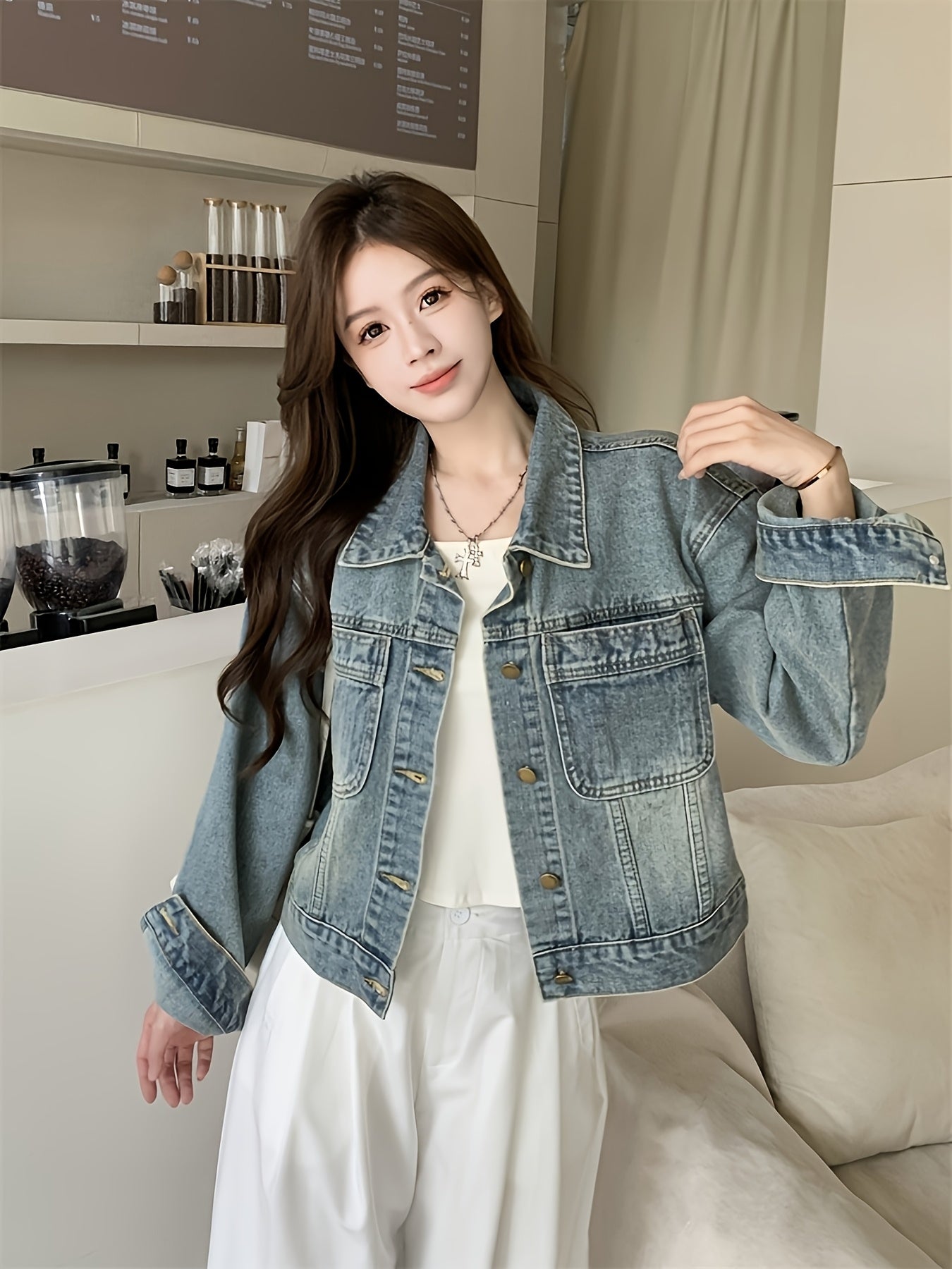 Women's Vintage Denim Jacket - Retro Cropped Short Sleeve Coat with Front Pockets, Machine Washable Regular Fit Casual Spring\u002FFall Outerwear, Cropped Denim Jacket