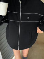 Solid Color Loose Casual Embroidered Stand Collar Jacket with Zipper for Women