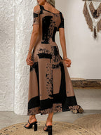 Women'S Summer Vacation Dress - Square Neck, Short Sleeve, Knit Fabric, 170g\u002Fm², Polyester and Spandex Blend, Long Length, Strapless A Pendulum Dress with Drawing Pattern