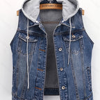 Spring-Summer Loose Korean Style Trendy Casual Sleeveless Short Jacket with Detachable Hoodie, Versatile Single-Breasted Cardigan