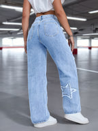 Women's Elegant Star Straight-Leg Jeans - Stretch Denim, Comfort Fit, Machine Washable, Versatile All-Season Wear