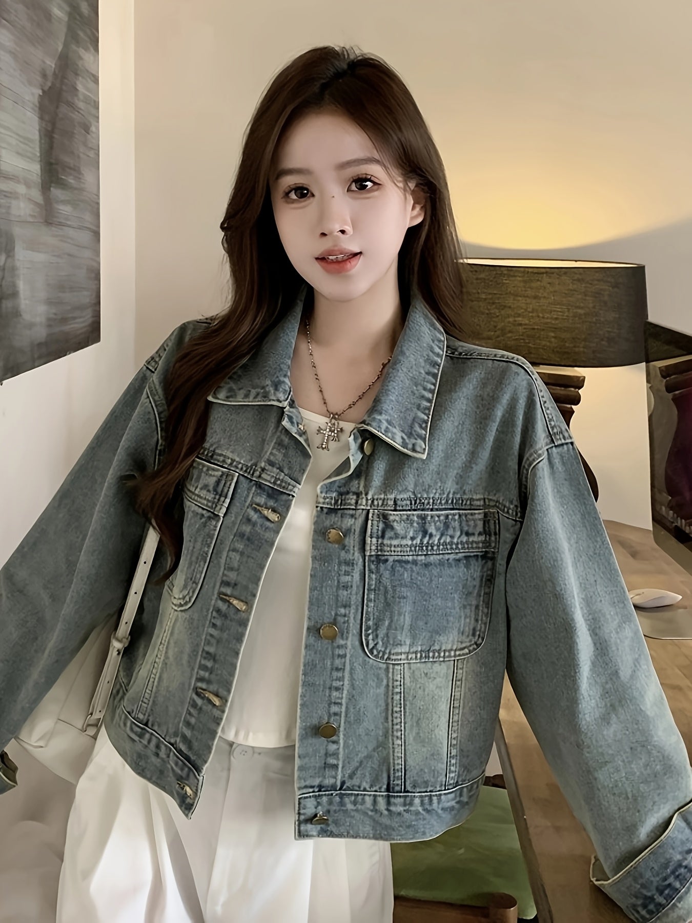 Women's Vintage Denim Jacket - Retro Cropped Short Sleeve Coat with Front Pockets, Machine Washable Regular Fit Casual Spring\u002FFall Outerwear, Cropped Denim Jacket