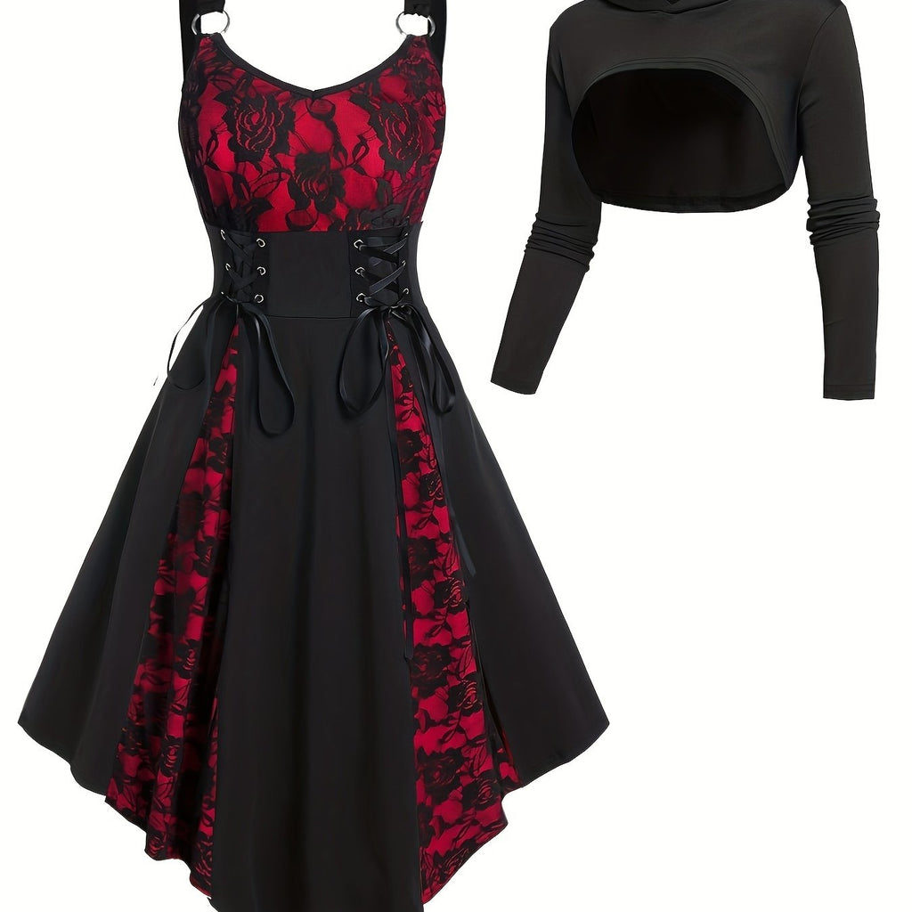 Gothic-Inspired Women's Outfit Set: Rose Lace Contrast Dress with Tie Waist & Long Sleeve Top, Plus Matching Hat - Perfect for Christmas & Casual Parties