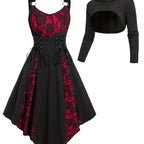 Gothic-Inspired Women's Outfit Set: Rose Lace Contrast Dress with Tie Waist & Long Sleeve Top, Plus Matching Hat - Perfect for Christmas & Casual Parties