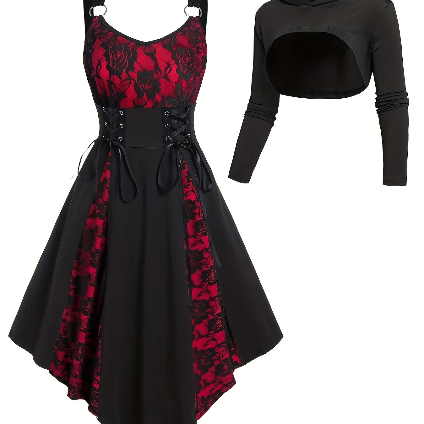 Gothic-Inspired Women's Outfit Set: Rose Lace Contrast Dress with Tie Waist & Long Sleeve Top, Plus Matching Hat - Perfect for Christmas & Casual Parties