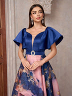 TOLEEN Elegant Floral Print Halter Dress with Belt - Sweetheart Collar, Ruffle Hem, Sleeveless Long Gown for Bridesmaids & Weddings, Polyester, All-Season Wear, Bridesmaid Dress | Ruffle Hem Dress | Polyester Fabri