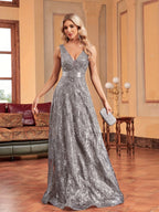 Elegant V-Neck Sequin Embroidered Sleeveless Maxi Dress for Women - Flowing Floor-Length Evening Gown with Lace Detailing, Perfect for Parties, Proms, and Formal Events