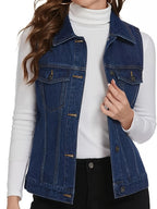 Women's Sleeveless Denim Vest Jacket with Flap Pockets - Casual Light Blue Jean Vest for Spring\u002FFall, Machine Washable, Classic Collar Design