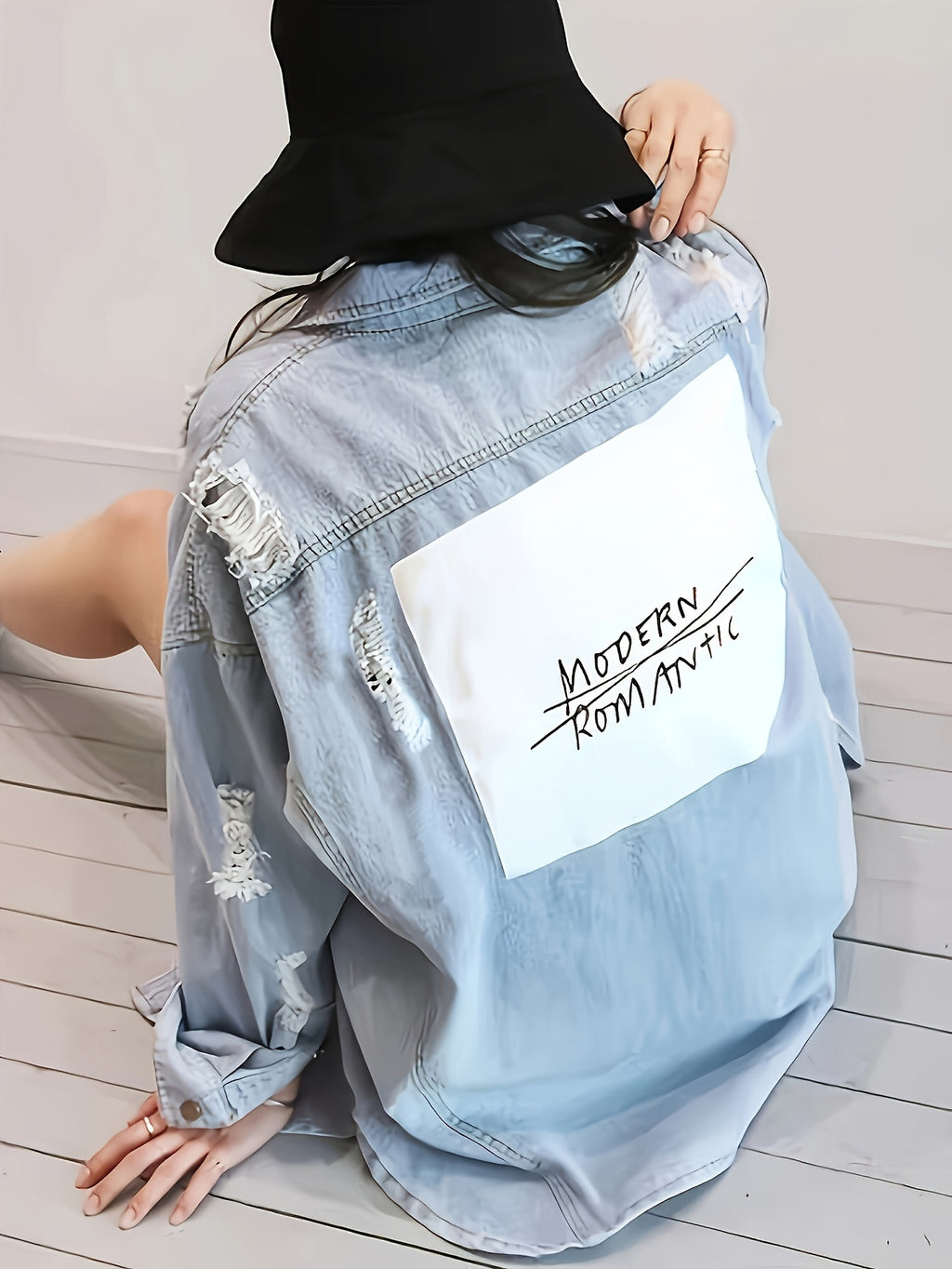 Letter Print Ripped Loose Fit Long Sleeve Light Washed Blue Denim Shirts Jacket, Women's Denim Jeans & Clothing