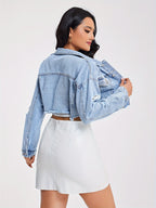 Women's Distressed Denim Jacket with Frayed Hem, Casual Washed Jean Coat, Fashionable Streetwear Outerwear