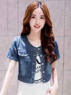 Chic Denim Jacket for Women - Casual Short Sleeve, Crop Top with Faux Pockets, Spring\u002FSummer Collection