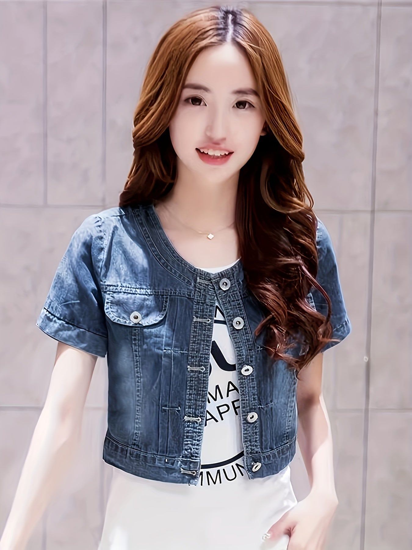 Chic Denim Jacket for Women - Casual Short Sleeve, Crop Top with Faux Pockets, Spring\u002FSummer Collection