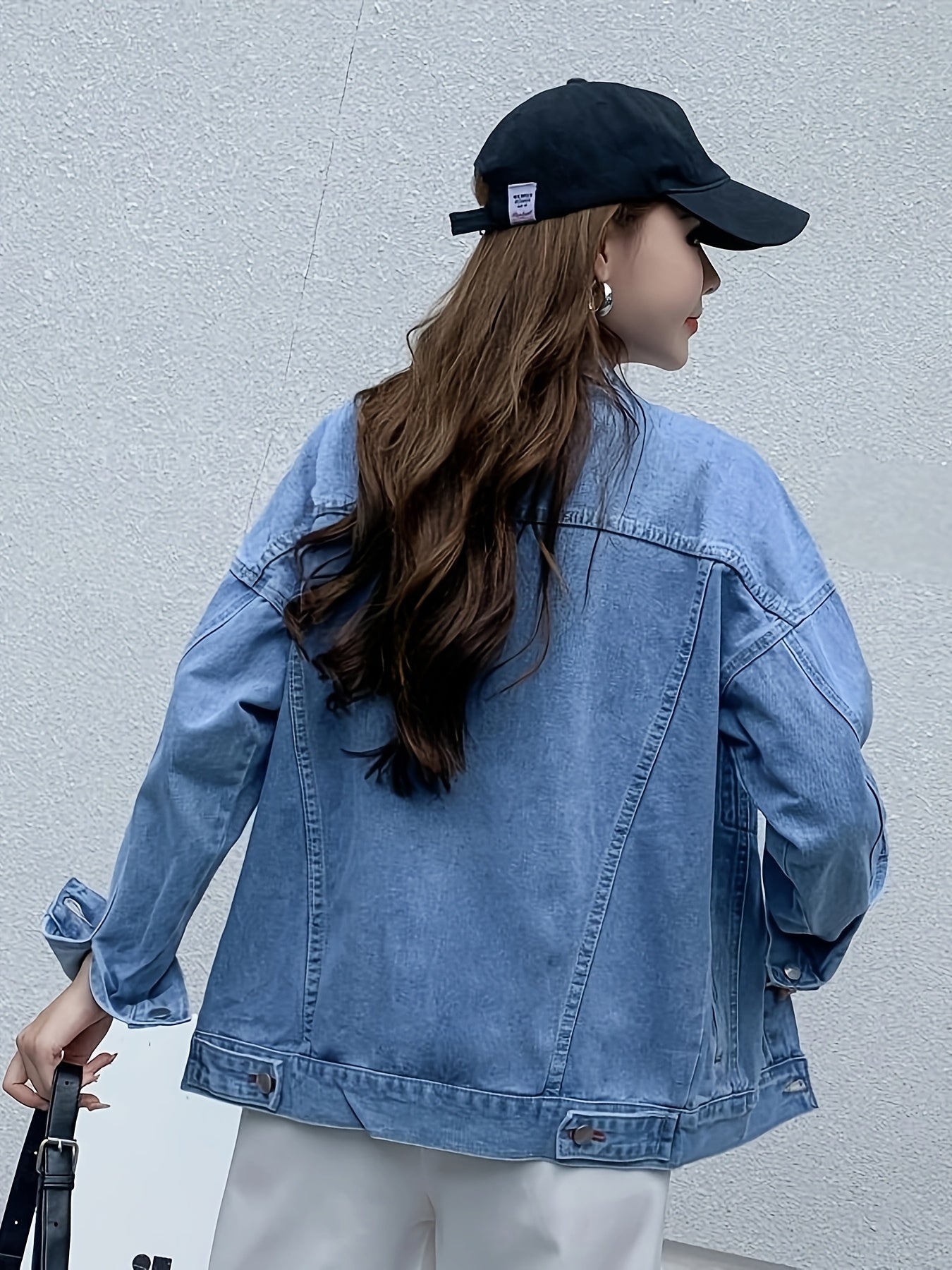 Women'S Casual Denim Jacket, Loose Fit Solid Color, Long Sleeve, Single Breasted with Lapel Collar, Regular Length, Non-Stretch Fabric, 81%, 9.6% Viscose, 8.5% Polyester, Fall\u002FWinter Outerwear