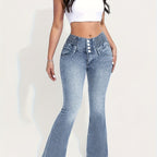 Stretch Comfort Women's High-Waist Stretch Denim Flare Jeans - Sexy Bell Bottoms with Slant Pockets, Light Blue Washed Mid-Rise Denim Pants for Everyday Style, Everyday Jeans | Sexy Highwaist Jeans | Comfortable Fit