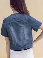 Chic Denim Jacket for Women - Casual Short Sleeve, Crop Top with Faux Pockets, Spring\u002FSummer Collection