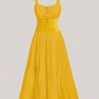 Women's Elegant V-Neck Lace Trim Tiered Maxi Dress - Mustard Yellow with Adjustable Back Ties, Fitted Bodice & Flowy Skirt, Machine Washable for Spring Summer Fall, Lace Dress