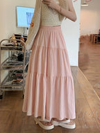 Spring And Autumn Women'S High-Waisted Slimming Versatile White Midi Skirt with Elastic Waist, Mid-Length Black Skirt with Lining, Beach Party Long Skirt.