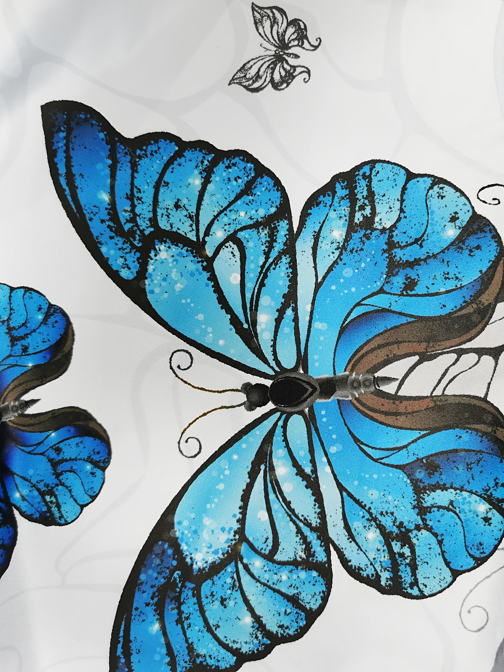 Charming Elegant Women's Long Sleeve Crop Jacket + Belt + Halter Dress Set with Fashionable Blue and White Gradient Butterfly Print