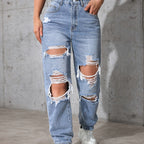 Light Blue Distressed Straight-Leg Vintage Long Pants