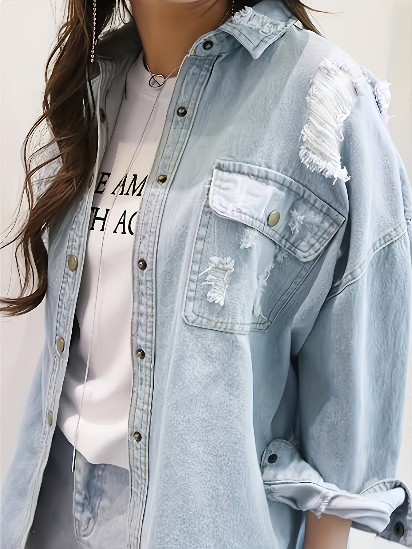 Letter Print Ripped Loose Fit Long Sleeve Light Washed Blue Denim Shirts Jacket, Women's Denim Jeans & Clothing