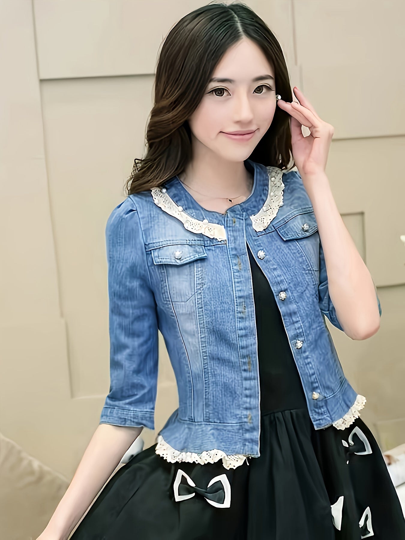 Lace Decor 3\u002F4 Sleeve Button Up Elegant Washed Blue Slim Fit Coquette Aesthetic Denim Jacket, Women's Denim Jeans & Clothing