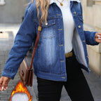 Morin Women's Elegant Fleece-Lined Denim Jacket - Winter Warm Button-Up Coat with Chest Pockets, Machine Washable, Classic Blue for Fall & Winter, Ladies Denim Jacket, Cold Weather Apparel, Functional Pocket Design