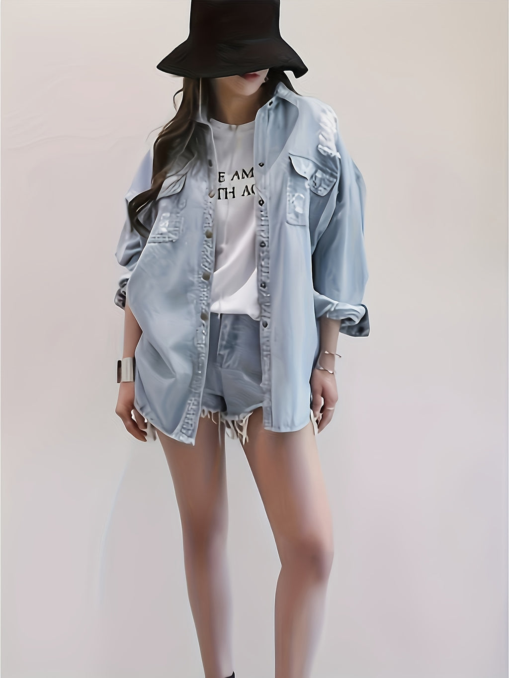 Letter Print Ripped Loose Fit Long Sleeve Light Washed Blue Denim Shirts Jacket, Women's Denim Jeans & Clothing