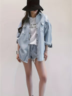 Letter Print Ripped Loose Fit Long Sleeve Light Washed Blue Denim Shirts Jacket, Women's Denim Jeans & Clothing