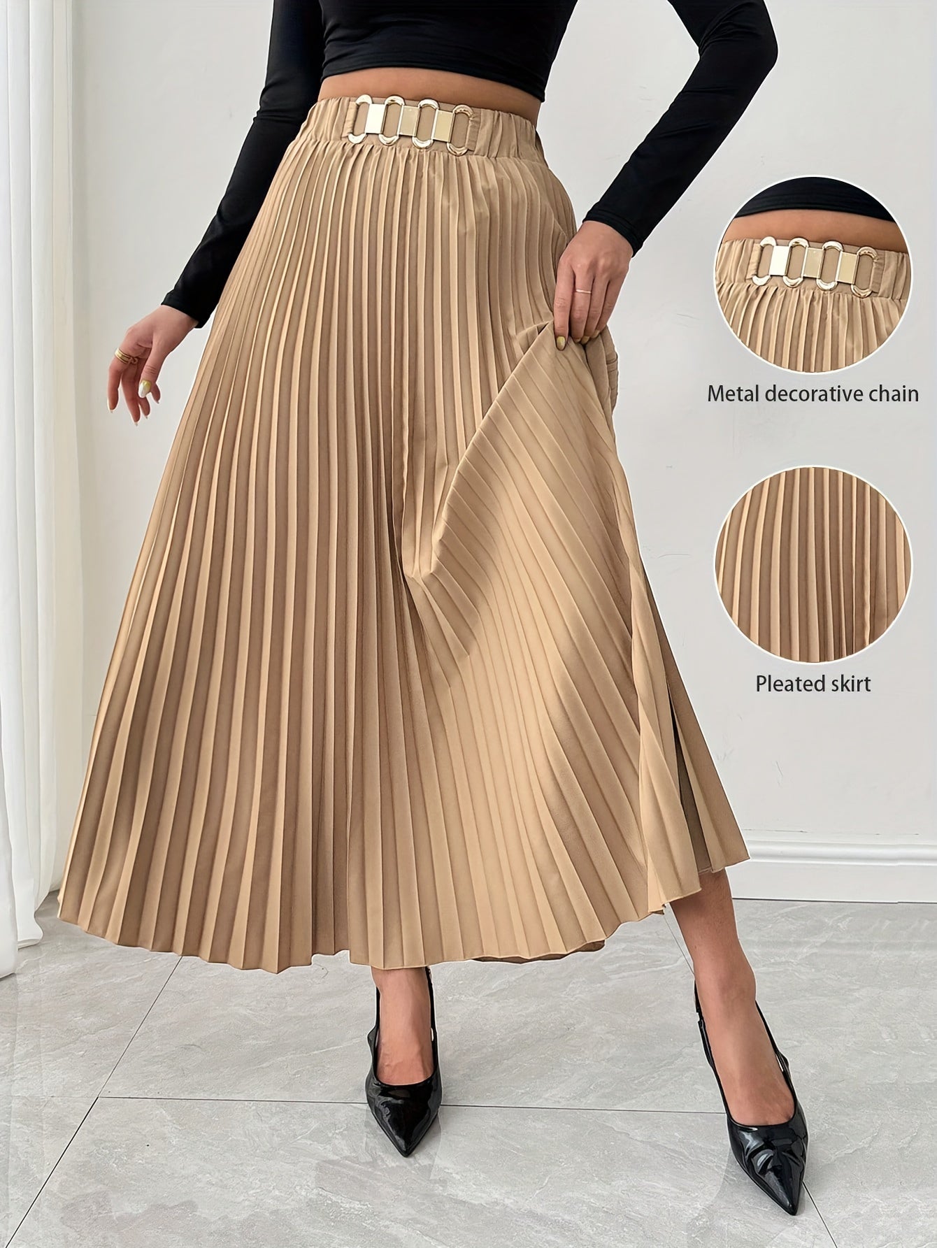 Women's Elegant Pleated Skirt - Dark Green Metallic Chain Belted Waist, Puffed Short Skirt with Vertical Pleats, Machine Washable 3-Season Spring Summer Fall Versatile Office to Party Wear, Cute Skirts
