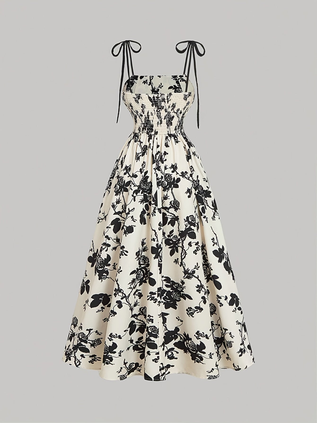 Elegant Floral Print Square Neck Dress for Women - Sleeveless A-Line Midi with Lace-Up Detail, Spring\u002FSummer\u002FFall Fashion, White with Blue Floral Patterns, Floral Dress