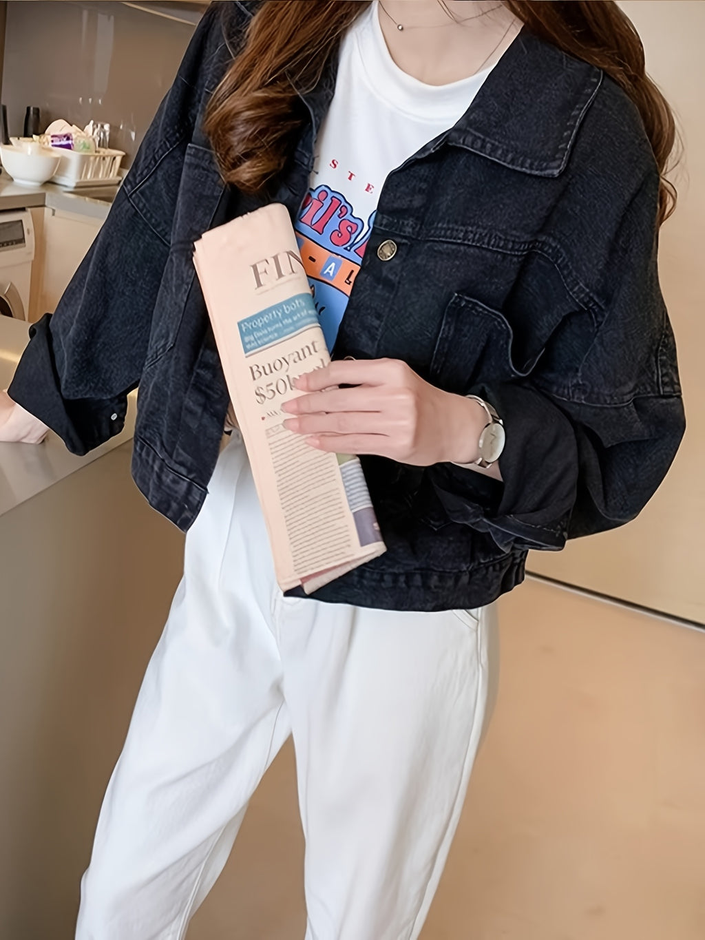 Women'S Black Denim Jacket with Cute Bear Applique - Casual Long Sleeve, Non-Stretch Fabric, Spring\u002FSummer Fashion, Casual Outerwear | Playful Design | Decorative Details