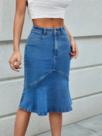 1pc Elegant Mid Waist Mermaid Denim Skirt, Cotton Blend with Polyester and Spandex, Solid Color, Knee-Length, Scallop Detail, Regular Fit, Woven Fabric, Stretchy for Spring\u002FSummer\u002FFall
