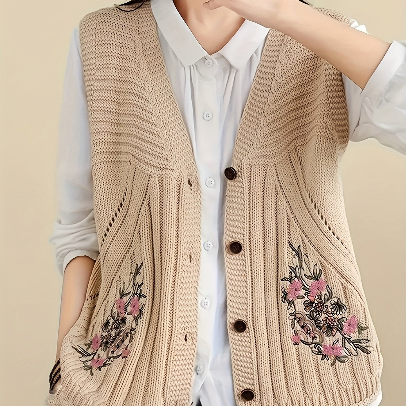 Young Women'S V-Neck Sleeveless Embroidered Floral Knit Acrylic Jacket, Relaxed Fit, Vintage Casual, with Hood, for Women