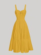 Women's Elegant V-Neck Lace Trim Tiered Maxi Dress - Mustard Yellow with Adjustable Back Ties, Fitted Bodice & Flowy Skirt, Machine Washable for Spring Summer Fall, Lace Dress