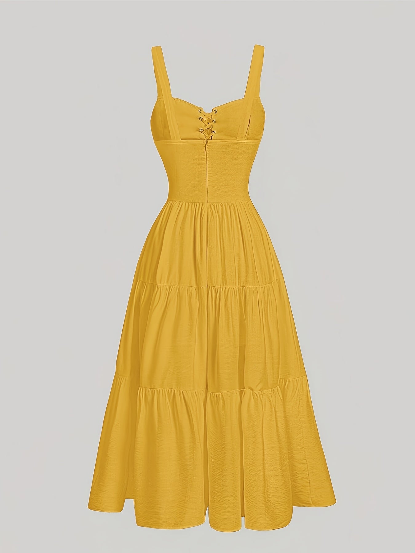 Women's Elegant V-Neck Lace Trim Tiered Maxi Dress - Mustard Yellow with Adjustable Back Ties, Fitted Bodice & Flowy Skirt, Machine Washable for Spring Summer Fall, Lace Dress