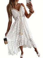 Women's Vintage Lace Hem Dress - Deep V-Neck Sleeveless Beachwear, Lightweight Summer Skirt with Intricate Lace Detailing, Machine Washable, Beige\u002FWhite, Elegant Daywear, Soft Flowy Fabric
