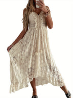Women's Vintage Lace Hem Dress - Deep V-Neck Sleeveless Beachwear, Lightweight Summer Skirt with Intricate Lace Detailing, Machine Washable, Beige\u002FWhite, Elegant Daywear, Soft Flowy Fabric