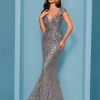 Elegant Beaded V-Neck Sleeveless Tank Fishtail Dress - Luxury Formal Bridesmaid & Evening Gown with Floral Print, Long Train Mermaid Silhouette for Weddings, Parties, Galas - Hand Wash Only, Bridesmaid Dress, Wedding Attire, Sophisticated Craftsmanship