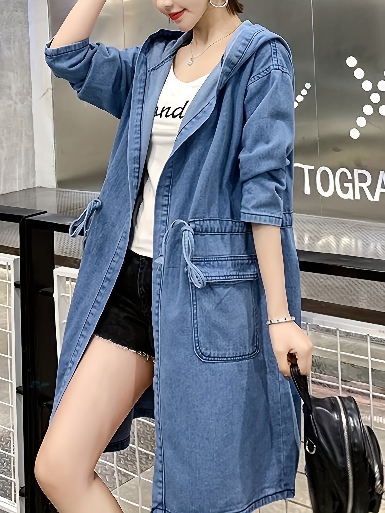 Women'S Vintage-Inspired Faux Denim Jacket with Kangaroo Pocket - Long Sleeve, Hooded, Non-Stretch Fabric, Casual Style, Spring\u002FSummer Collection, Blue Jean Jacket for Women