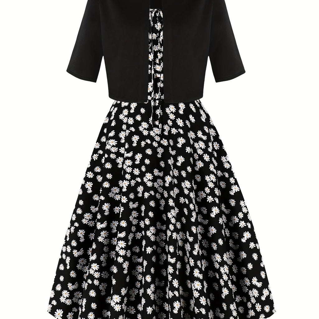 1pc Elegant Floral Print Two-Piece Dress Set, Polyester 100%, Crew Neck, Short Sleeve Top with Bow Detail, Woven Skirt, Spring\u002FSummer Party Outfit
