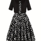 1pc Elegant Floral Print Two-Piece Dress Set, Polyester 100%, Crew Neck, Short Sleeve Top with Bow Detail, Woven Skirt, Spring\u002FSummer Party Outfit