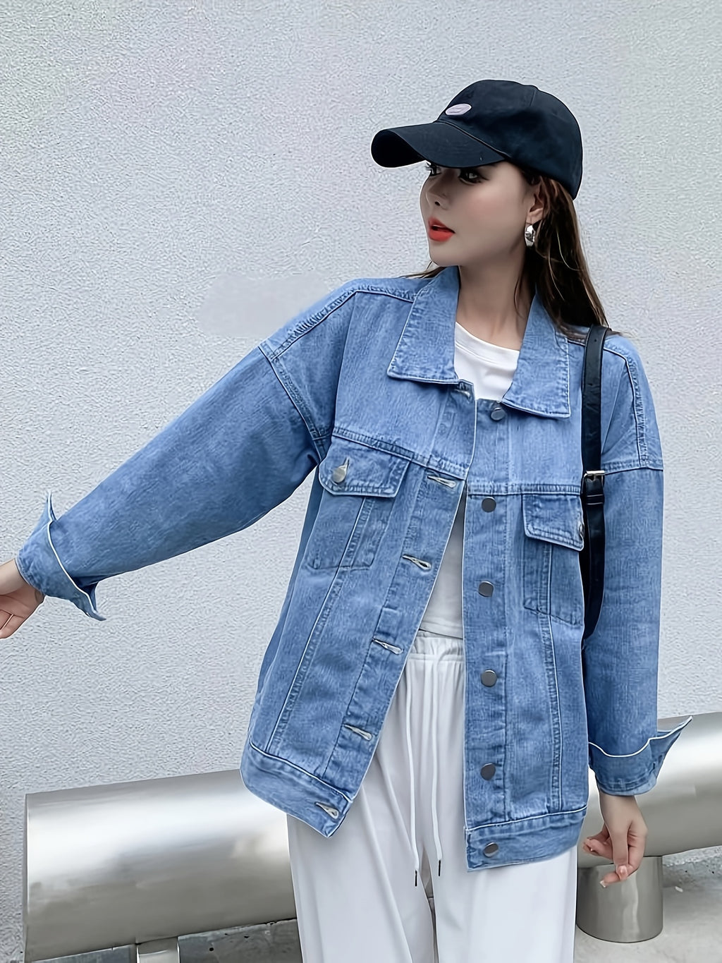 Women'S Casual Denim Jacket, Loose Fit Solid Color, Long Sleeve, Single Breasted with Lapel Collar, Regular Length, Non-Stretch Fabric, 81%, 9.6% Viscose, 8.5% Polyester, Fall\u002FWinter Outerwear