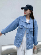 Women'S Casual Denim Jacket, Loose Fit Solid Color, Long Sleeve, Single Breasted with Lapel Collar, Regular Length, Non-Stretch Fabric, 81%, 9.6% Viscose, 8.5% Polyester, Fall\u002FWinter Outerwear