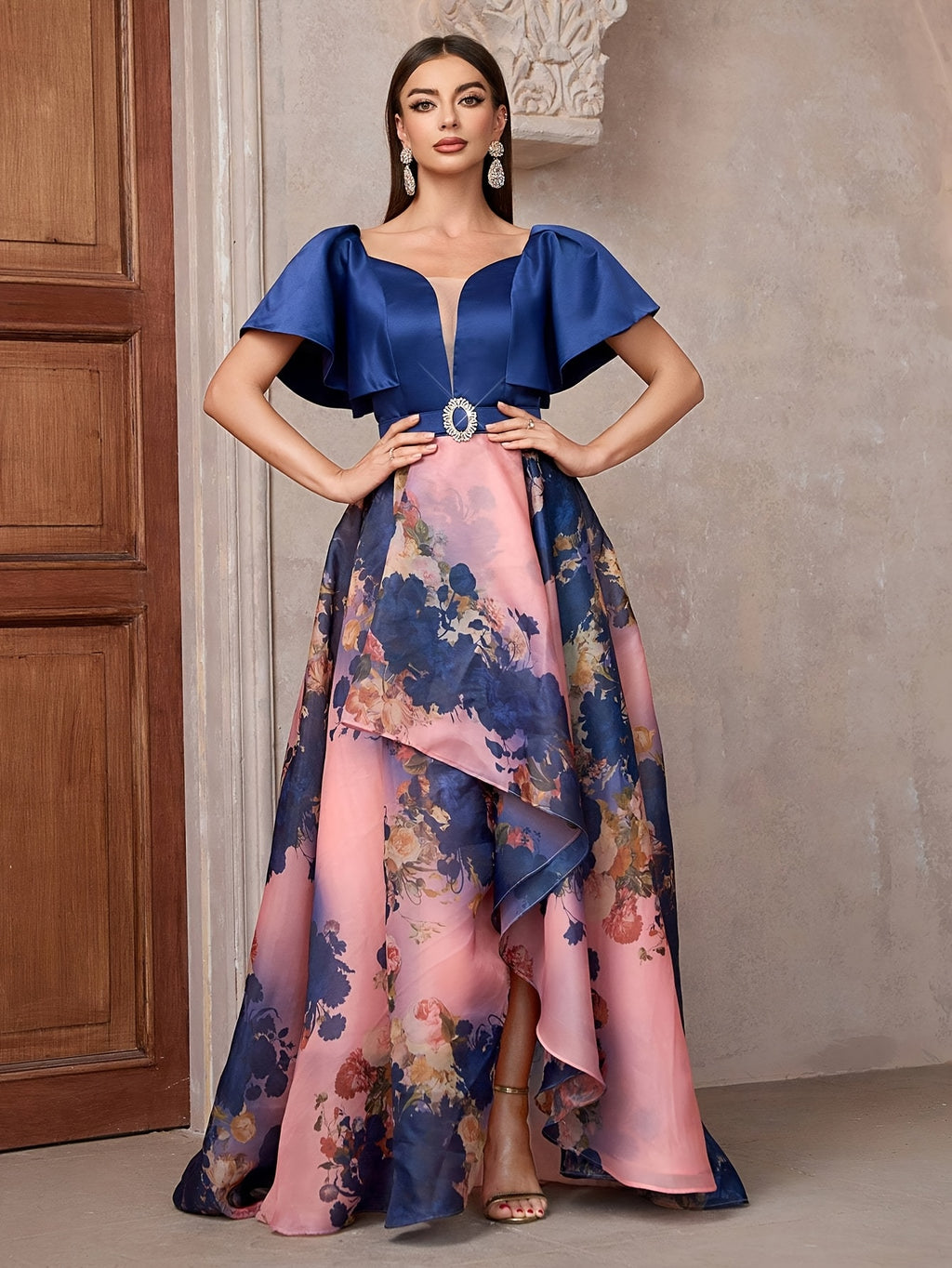 TOLEEN Elegant Floral Print Halter Dress with Belt - Sweetheart Collar, Ruffle Hem, Sleeveless Long Gown for Bridesmaids & Weddings, Polyester, All-Season Wear, Bridesmaid Dress | Ruffle Hem Dress | Polyester Fabri