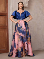 TOLEEN Elegant Floral Print Halter Dress with Belt - Sweetheart Collar, Ruffle Hem, Sleeveless Long Gown for Bridesmaids & Weddings, Polyester, All-Season Wear, Bridesmaid Dress | Ruffle Hem Dress | Polyester Fabri