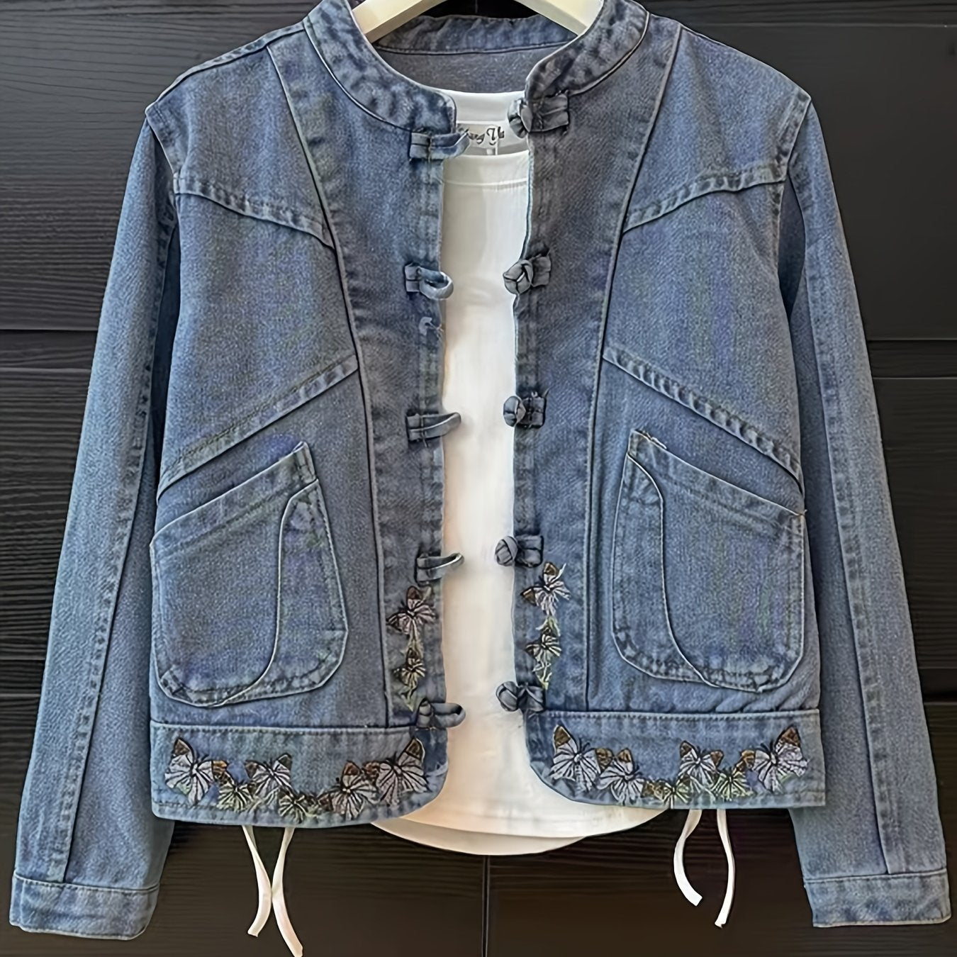 New Chinese Style Windproof Button Butterfly Embroidered Long Sleeve Denim Jacket, Spring Casual Retro Stand Collar New National Style Women'S Short Jacket Casual Jacket