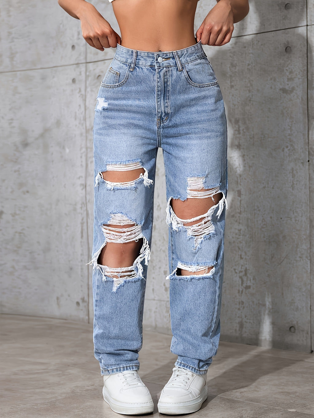 Light Blue Distressed Straight-Leg Vintage Long Pants