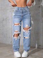 Light Blue Distressed Straight-Leg Vintage Long Pants