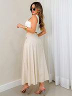 Women'S Elegant High-Waisted A-Line Midi Skirt - Lightweight 3\u002F4 Sleeve, Beige Solid Color, Perfect for Summer Commute & Casual Wear, Casual Summer Wear | Aline Silhouette | Smooth Textur