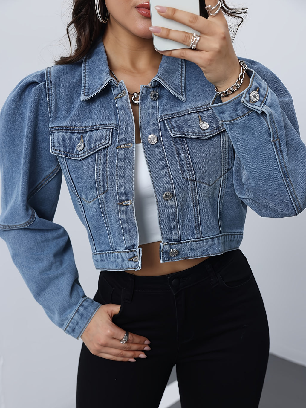 Women's Slim-Fit Long Sleeve Denim Jacket - Elegant Lapel Collar Single-Breasted Closure, Machine Washable Solid Blue Coat for Spring\u002FSummer Casual & Semi-Formal Outfits